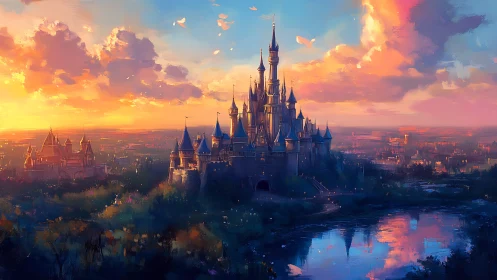 Sunset enchantment crowns a shimmering fairytale castle.
