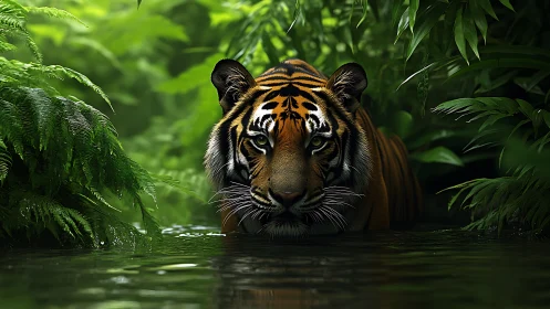 Tiger stalks through shadowed jungle river in vivid detail