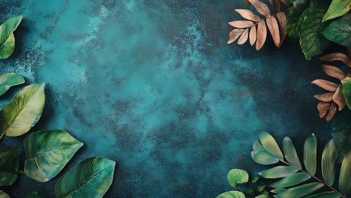 Tropical leaves frame textured teal background surface.