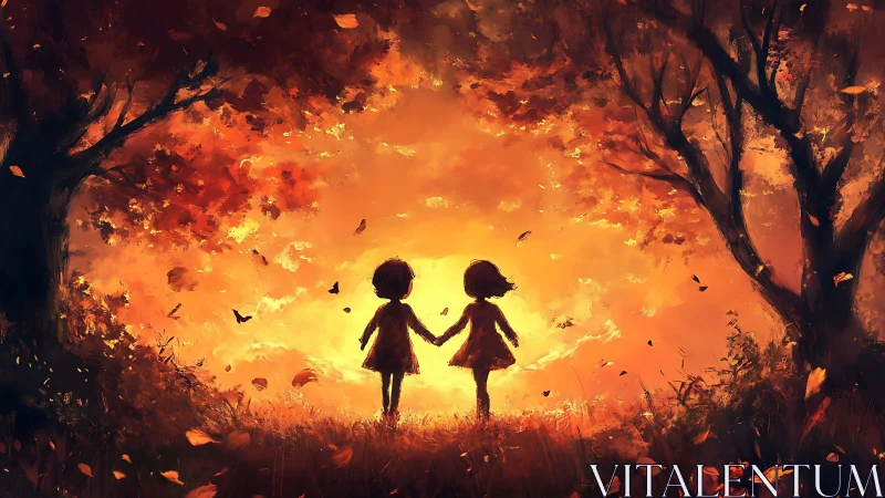 Two Children Hold Hands Silhouetted Against Autumn Forest Flames