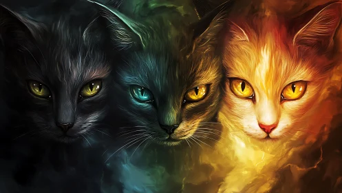 Three Cats with Luminous Eyes Against Fiery Color Transitions.