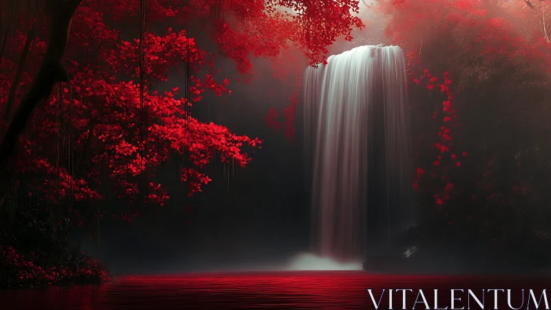 Scarlet forest waterfall pours into misted reflective pool