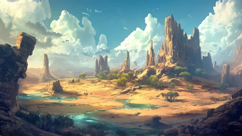 Sunlit mesa desert panorama with stylized atmospheric depth