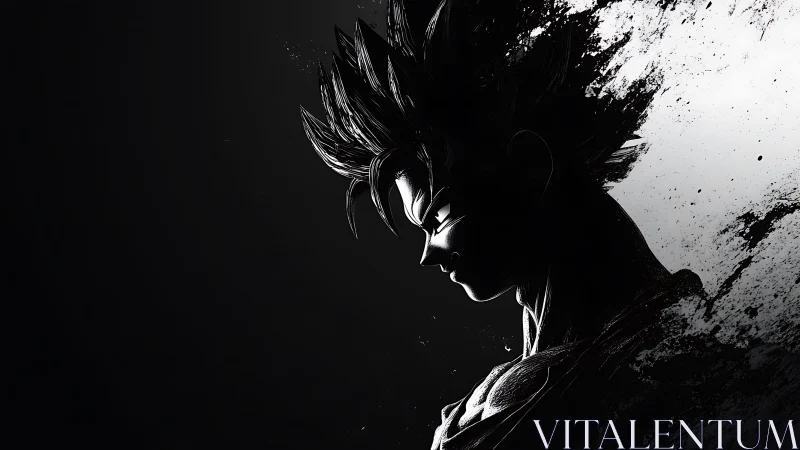 Silhouetted spiky haired anime figure in monochrome profile.
