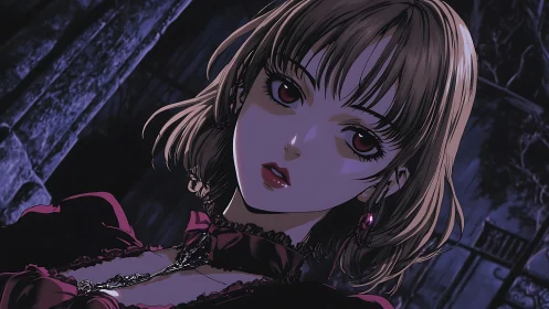 Midnight crimson girl beneath the haunted garden balcony.