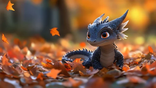 Blue baby dragon sitting in autumn leaves, soft light.