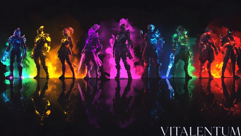 Neon sci fi warriors aligned in multicolored smoke glow.