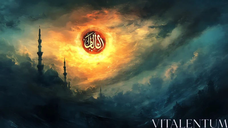 Mosque silhouette under swirling clouds and calligraphic sun.