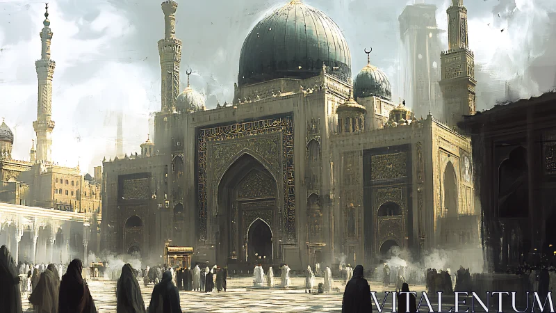 Sunlit domes and drifting crowds at a misty grand mosque.