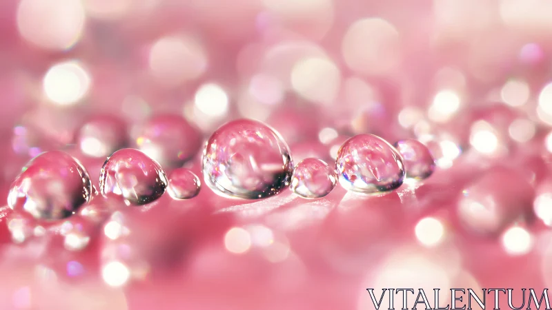 Macro droplets on pink surface with luminous bokeh highlights.