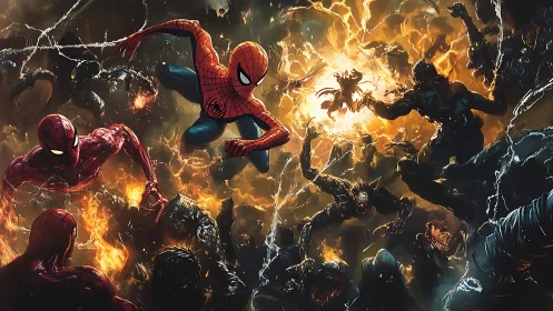 Dynamic Spider-Man battle scene rendered in high-intensity digital art
