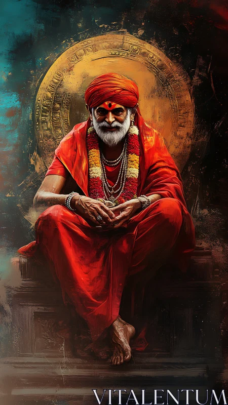 Elderly holy man in red robes sits before circular halo backdrop