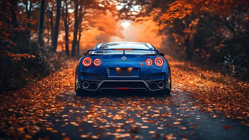 Blue sports car under vivid autumn canopy on forest lane.
