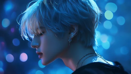 Digital painting portrait in cool bokeh side-profile lighting.