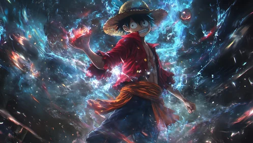 Straw hat anime figure amid blue and red energy field.