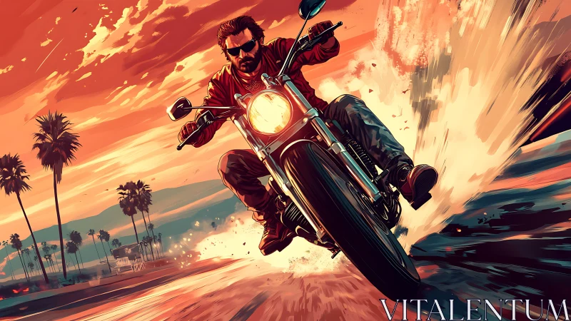 Sunset outlaw rides a roaring motorcycle through coastal firestorm.