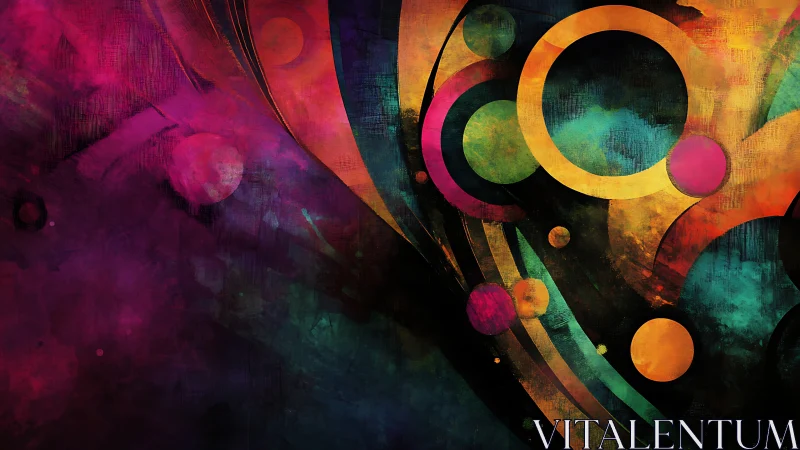 Vibrant abstract circles cut through textured cosmic haze.