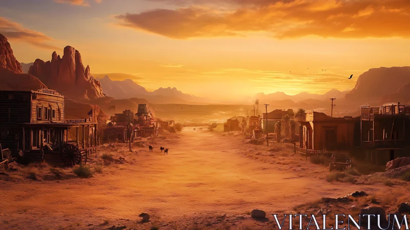 Deserted western town street under orange sunset sky