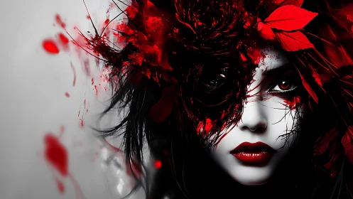 Crimson-veiled portrait of a pale woman in digital bloom.