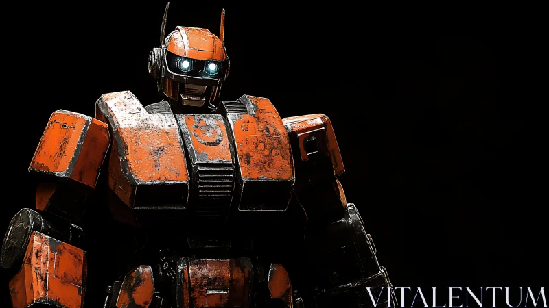 Battle-worn orange mech grinning into the void of space.