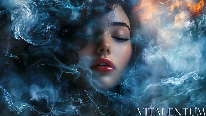 Ethereal portrait in swirling blue smoke and soft fire light.
