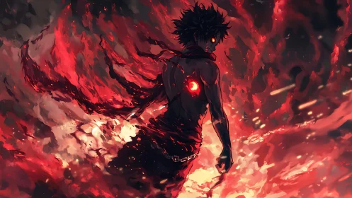 Dark silhouetted figure stands amid swirling red energy field