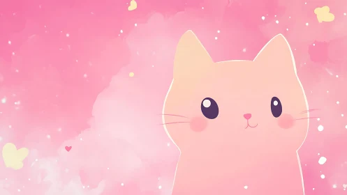 Cute Pink Cat Character with Sparkles in Dreamy Cloud Sky