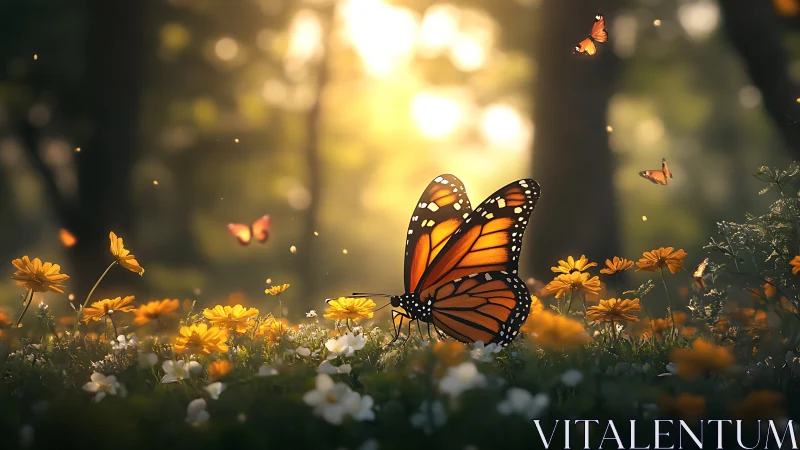 Monarch butterfly in golden hour meadow with bokeh glow.