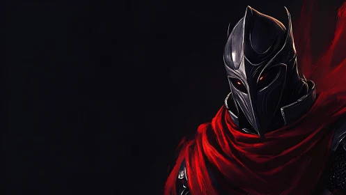 Armored figure with angular helmet and red cloak profile.