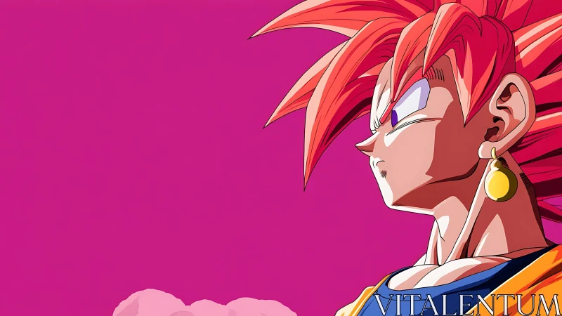 Bold anime warrior gazes ahead against bright pink sky