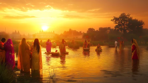 River worshippers under radiant golden sunrise light.