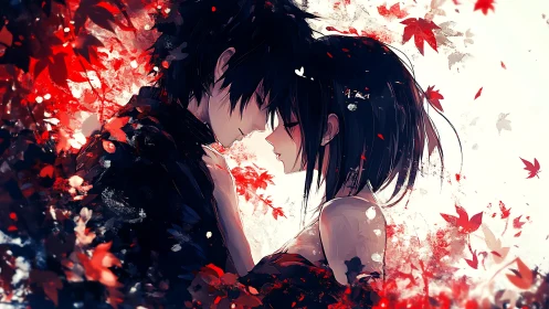 Anime couple in red maple leaf halo, intimate portrait style.