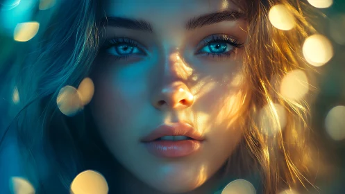 Dreamy close up portrait bathed in golden blue light.