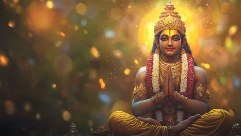 Digital deity portrait with luminous bokeh and folded hands