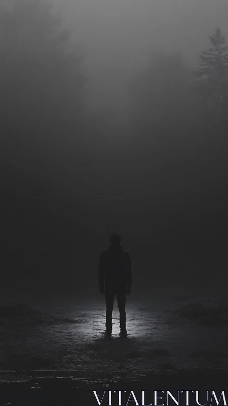 Solitary human silhouette in foggy nocturnal forest clearing