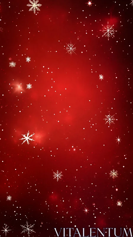 Red gradient field displays dispersed white snowflake figures