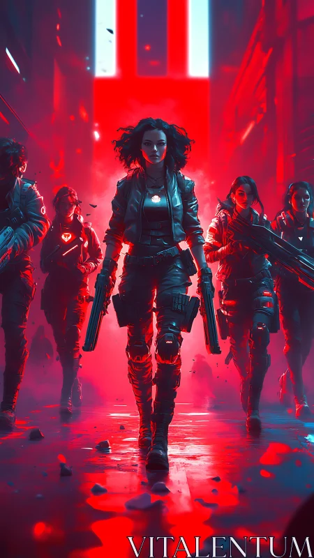 Fearless cyberpunk squad walking through neon city glow.