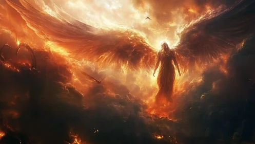 Fiery winged guardian rising from glowing storm clouds.