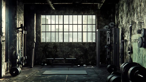 Industrial loft gym interior with city skyline window view.