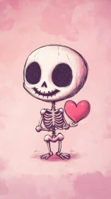 Cartoon skeleton holding stylized heart on textured pink ground