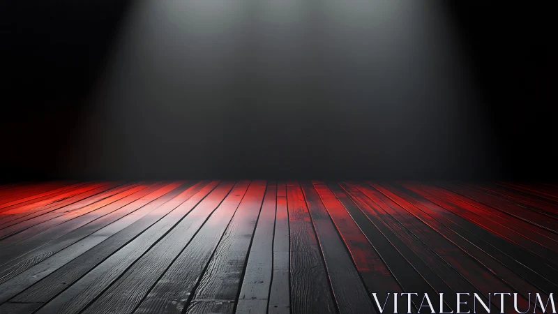 Empty wooden stage floor sits under red and white spotlights