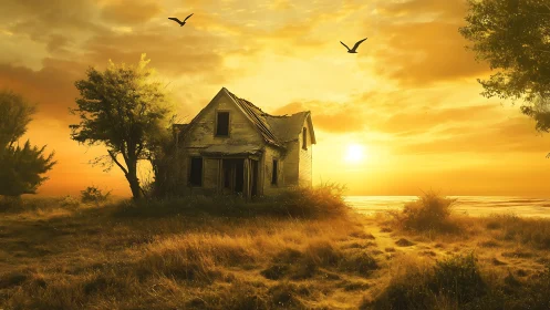 Golden sunset cottage wrapped in quiet coastal magic.