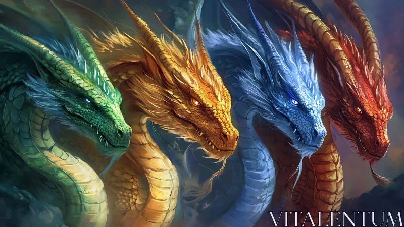 Elemental dragon council aligned in vivid chromatic procession.