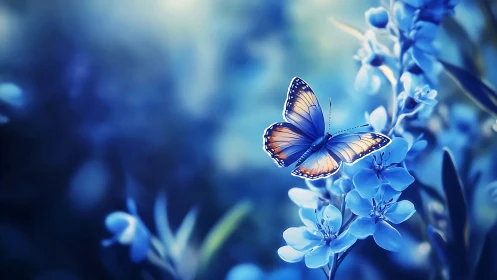 Iridescent blue butterfly on luminous blossoms, shallow focus