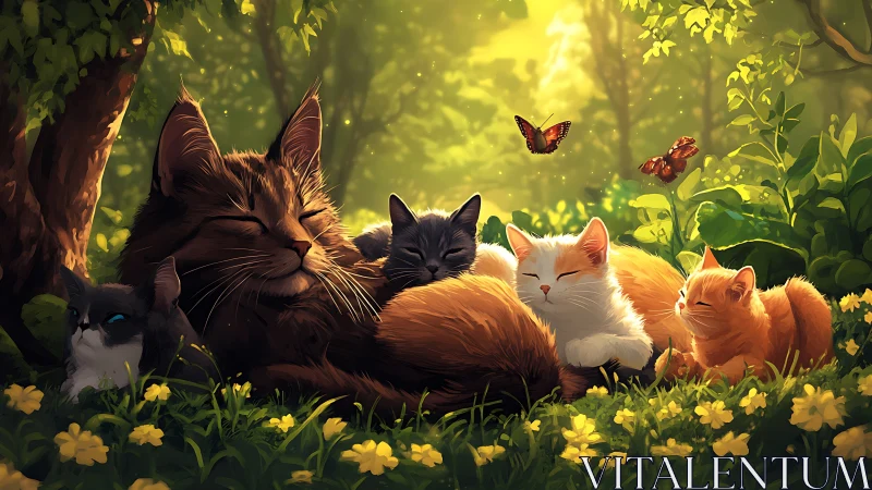 Golden Forest Sanctuary: Digital Felines in Nature's Glow.