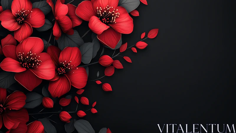 Vibrant Red Flowers Cascade Against Black Background.