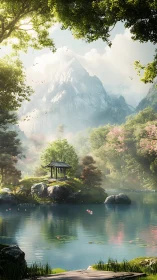 Mountain lake shrine cradled in misty blossom forest.