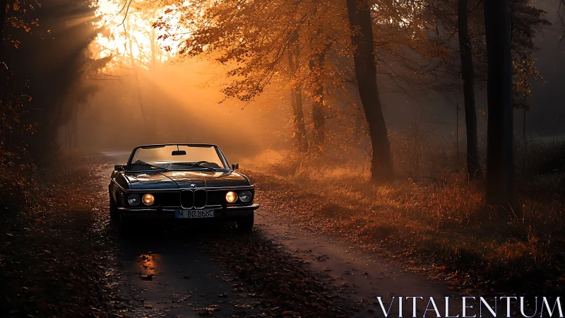 Classic convertible glides through misty autumn forest road.