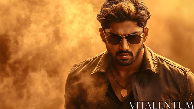 Confident man in sunglasses stands in dramatic golden smoke.