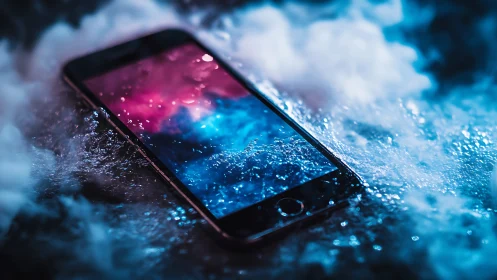 Smartphone submerged in neon mist with cosmic glow.